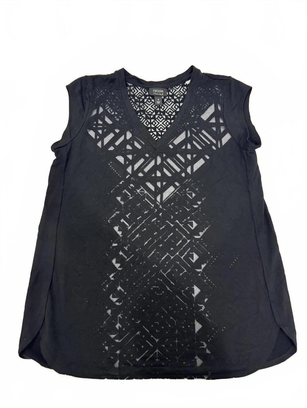 Nicole by Nicole Miller Black Boho Sheer Sleeveless V-Neck Blouse Medium